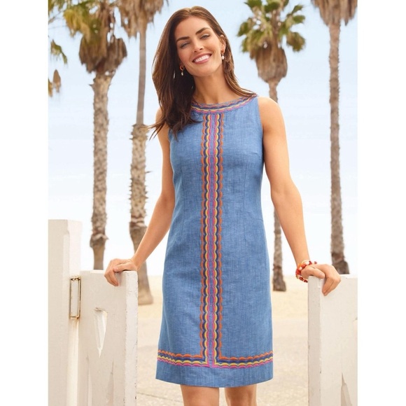 Talbots Womens Linen Shift Dress Blue Embroidered Trim 12P Petite Boho NWOT - Picture 1 of 11